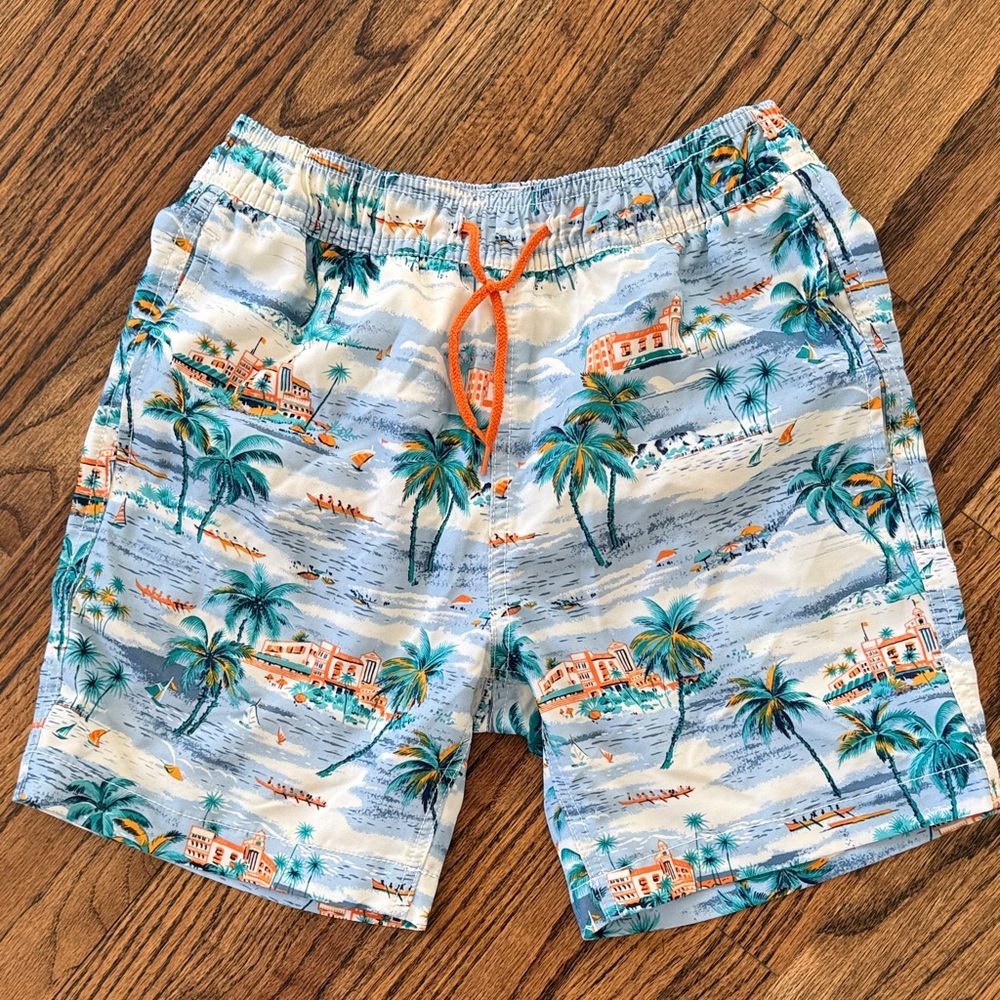 Crewcuts Tropical Print Kids Swim Trunks - Blue and Orange